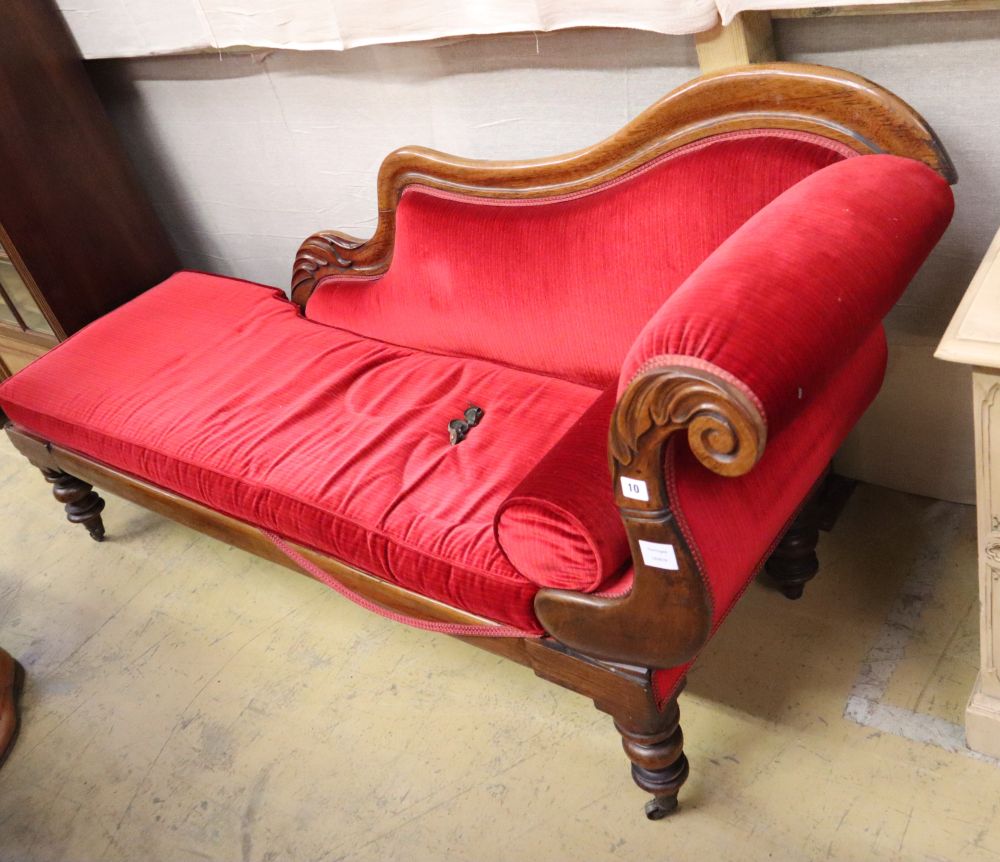 An early Victorian rosewood framed chaise longue, W.181cm